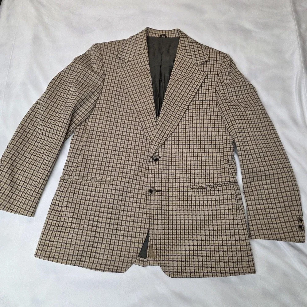 Vintage Sears Blazer Mens 38 Brown Beige Plaid Sport Coat 70s Sherlock‎ Grandpa
